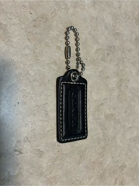 Coach Black Leather Rectangular Key Tag with Silver Ball Chain